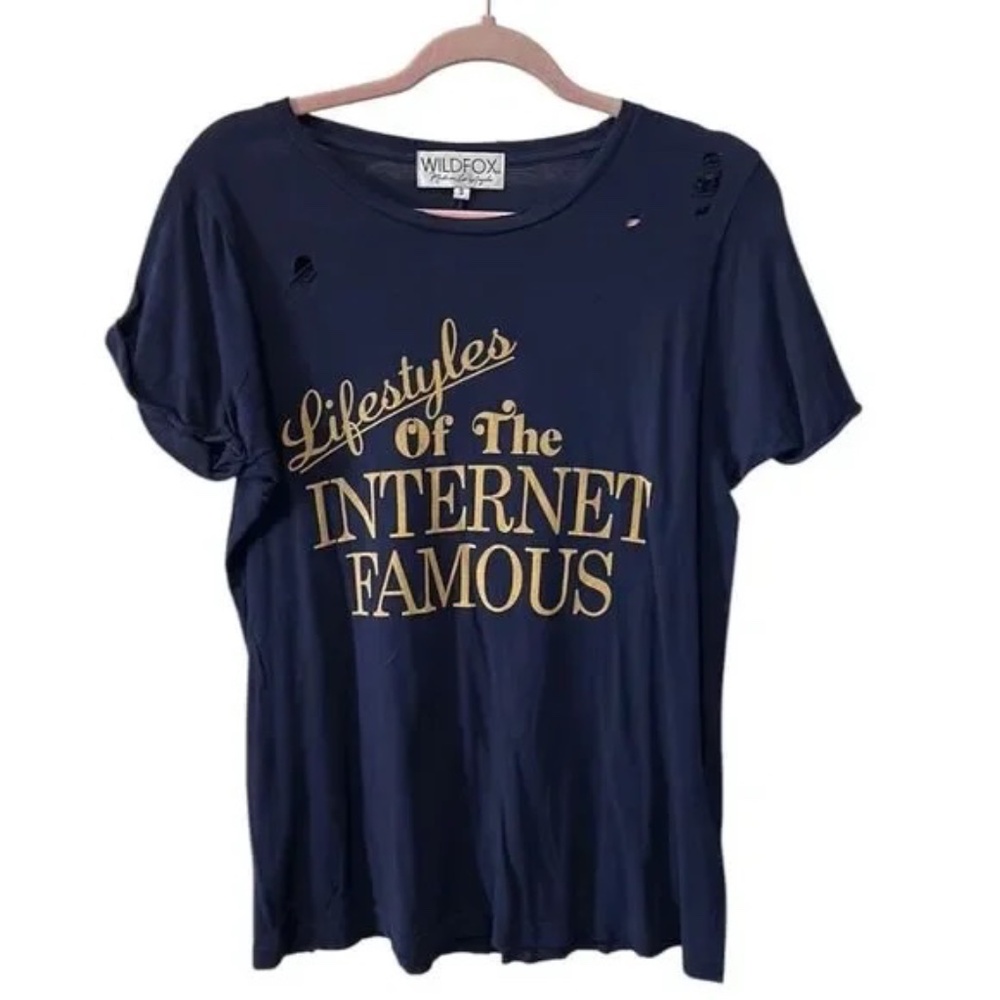 Wildfox Internet Famous‎ Distressed Graphic T-Shirt Navy Gold Small